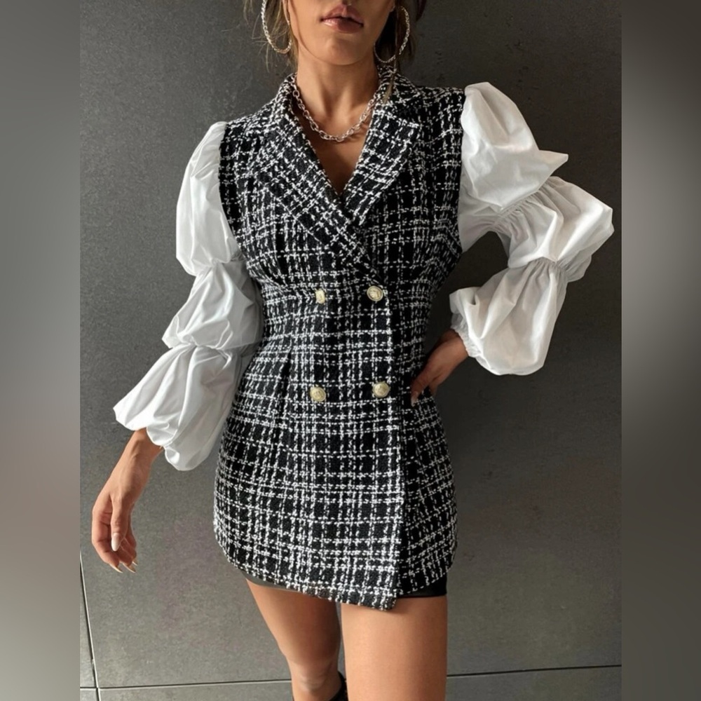 Elegant Black and White Tweed Dress